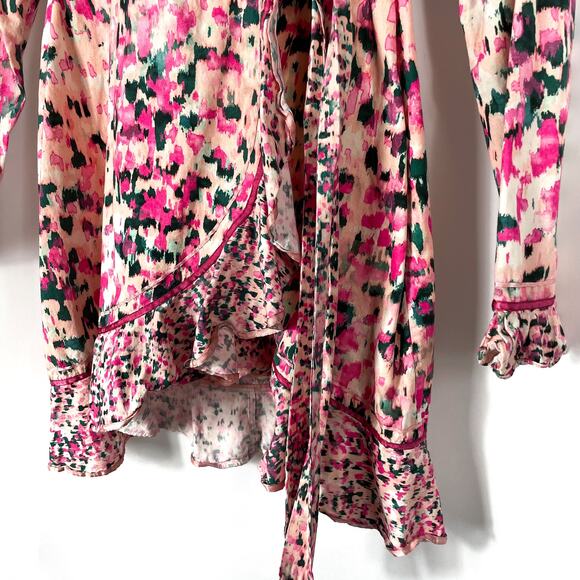 Rococo Sand Mimi Wrap Dress Print Pink Ruffle Long Puff Sleeve V-Neck Sz L - Picture 9 of 12